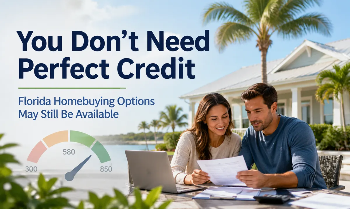 Florida couple reviewing mortgage paperwork while learning about home loan options available for buyers with less than perfect credit