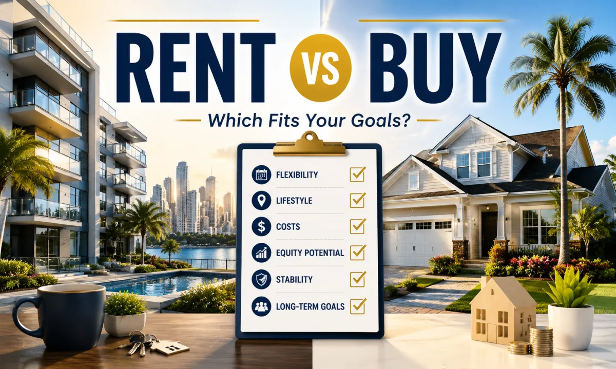 Florida rent vs buy decision guide featuring a modern home and apartment lifestyle comparison to help consumers evaluate homeownership, flexibility, stability, and long-term financial goals.