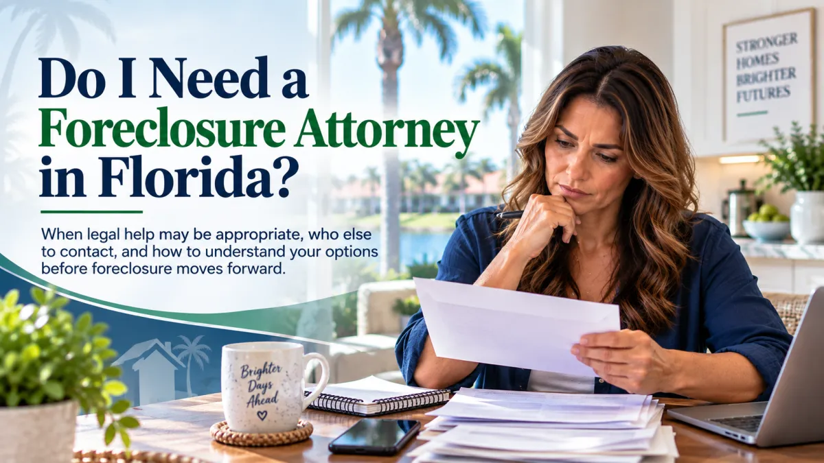 Florida homeowner considering whether to contact a foreclosure attorney.