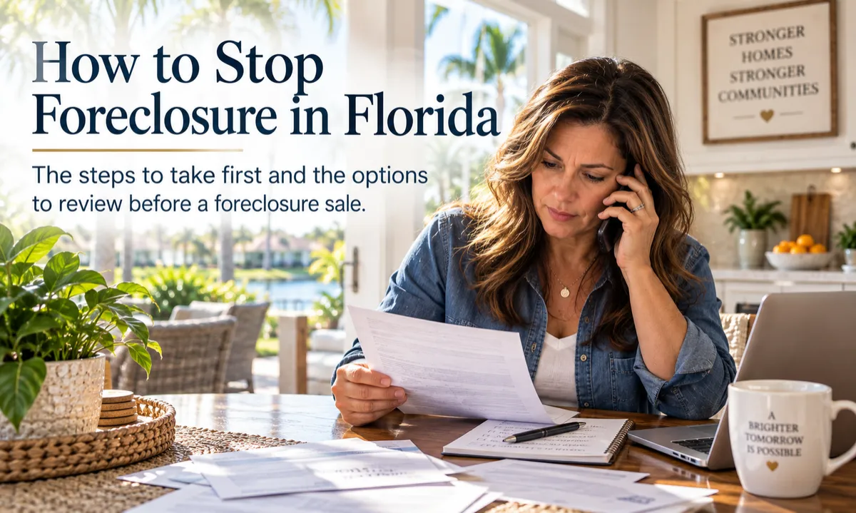 Florida homeowner reviewing options to stop foreclosure.