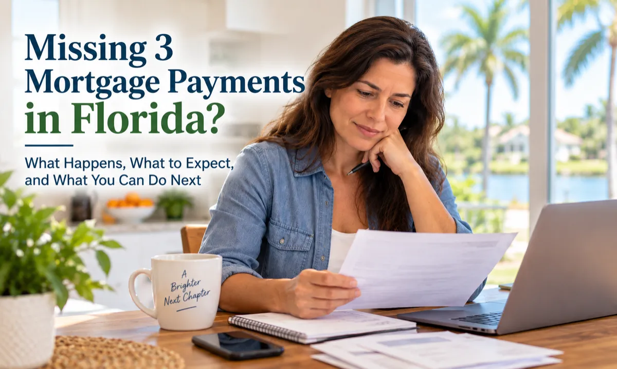 Florida homeowner reviewing options after missing three mortgage payments.