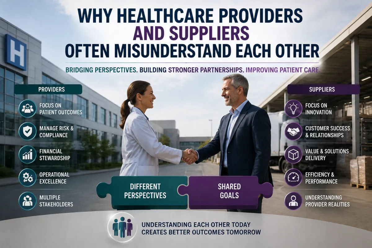 Healthcare providers and suppliers collaborating to strengthen partnerships, improve communication, and advance healthcare supply chain performance through shared understanding.