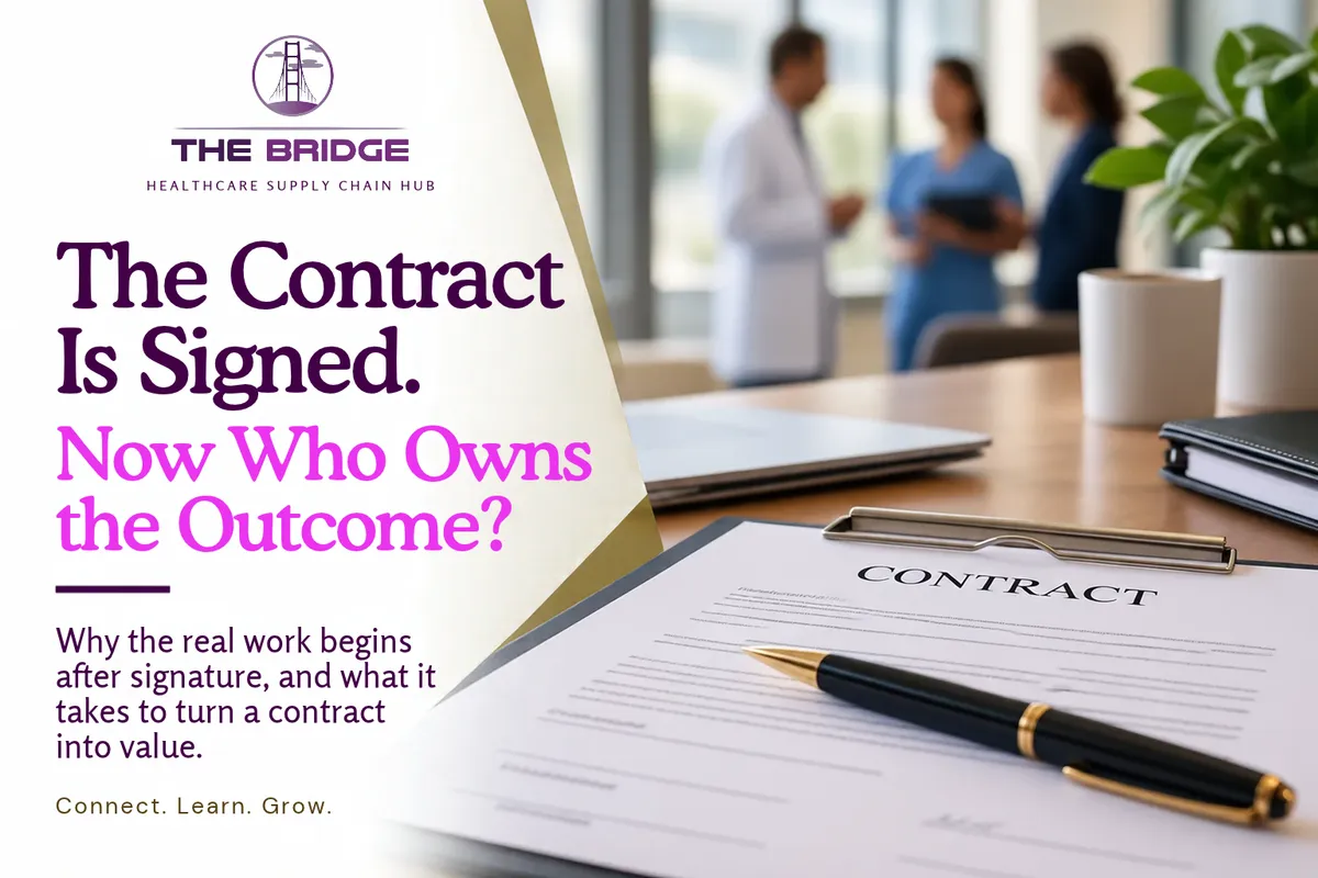 Signed healthcare contract representing the transition from contract execution to implementation, accountability, and value realization in healthcare supply chain.
