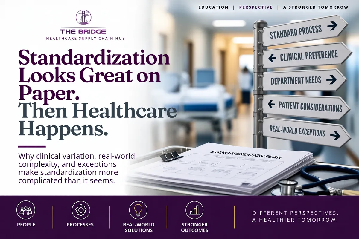 Healthcare product standardization illustrating how clinical preferences, department needs, patient considerations, and real-world exceptions affect healthcare supply chain decisions.