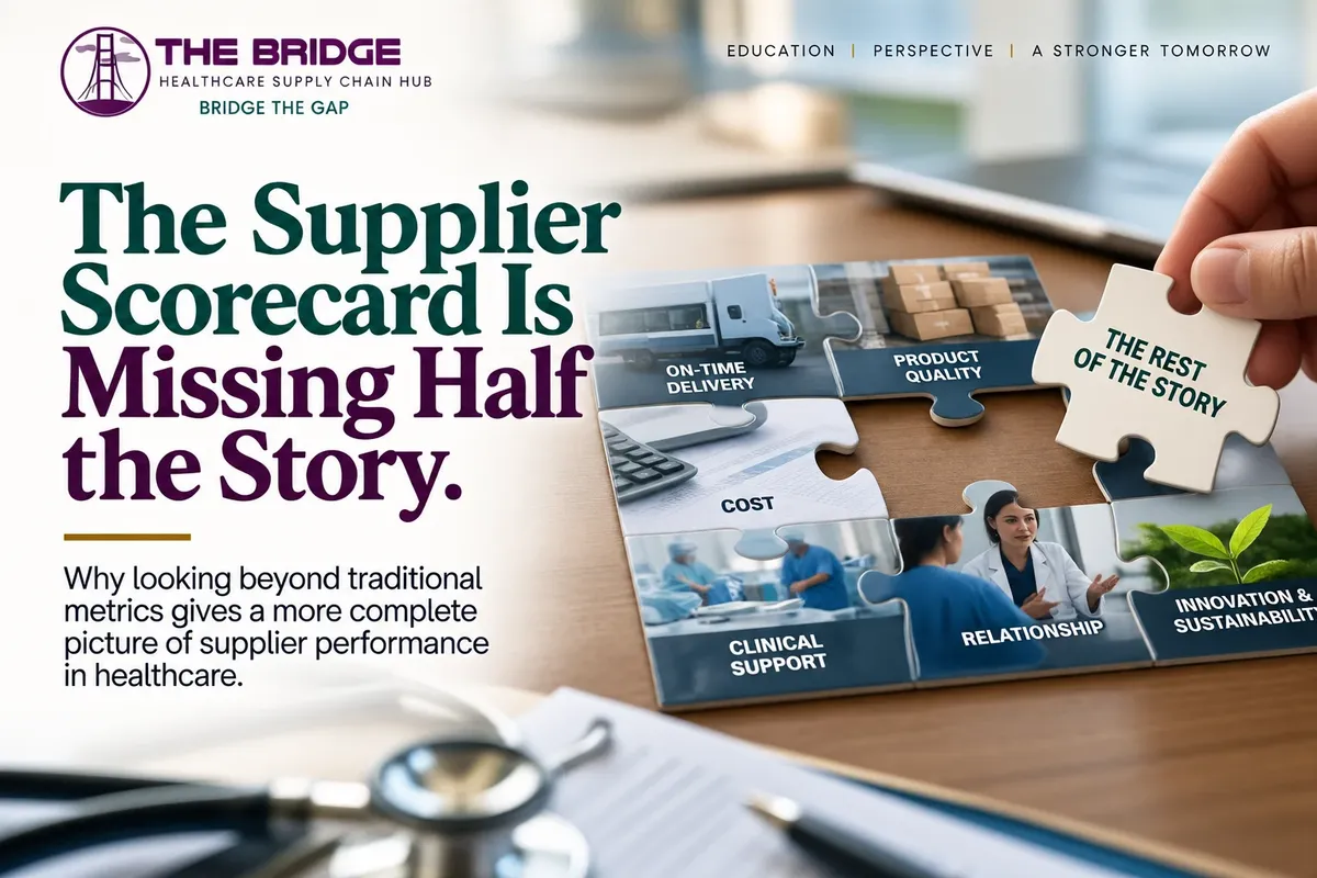 Healthcare supplier performance illustrated as a puzzle showing delivery, product quality, cost, clinical support, relationships, and innovation beyond a traditional supplier scorecard.