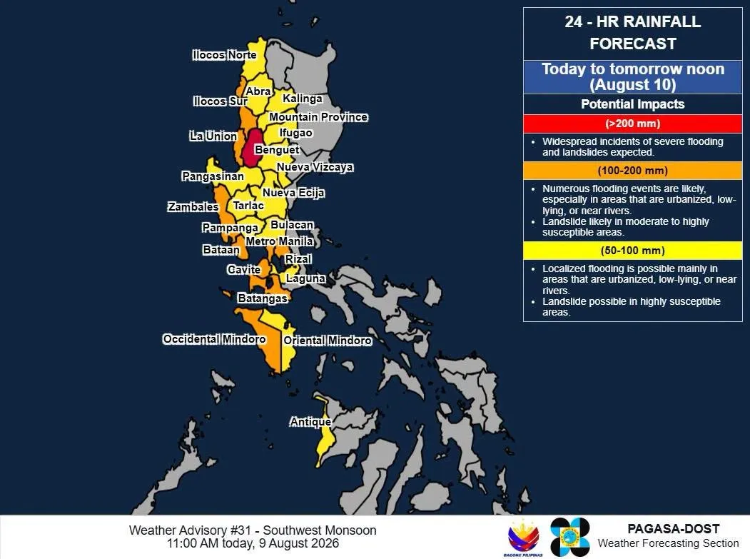 DOST-PAGASA 24-hour rainfall forecast map for the enhanced Southwest Monsoon.