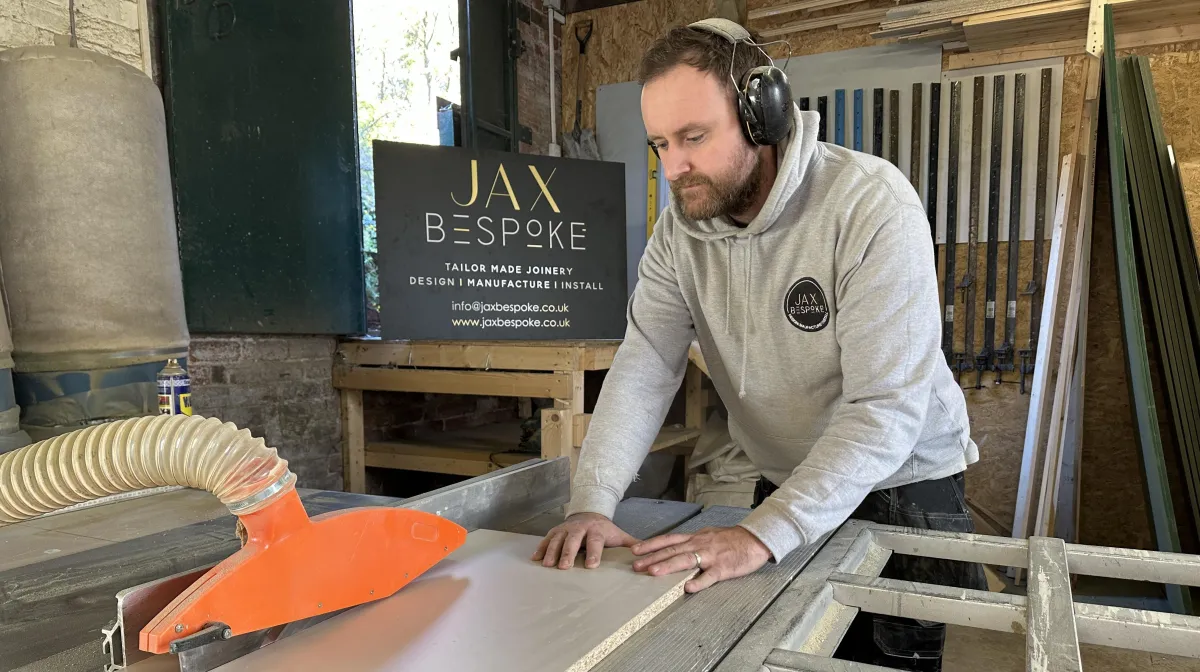 Jack Westmoreland at work in Wakefield - JAX Bespoke workshop, using table saw with dust extraction