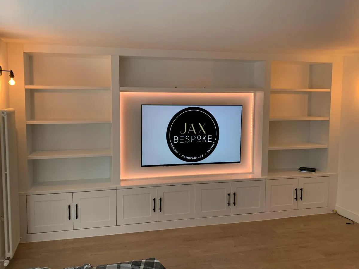 Fitted furniture style media wall featuring tv alcove within a entertainment unit tailor made for homeowners in York, North Yorkshire