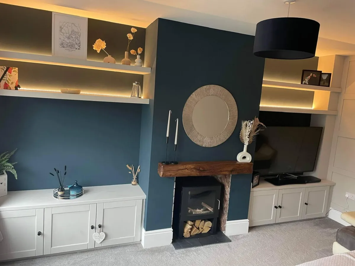 LED-illuminated alcove shelving with integrated storage cupboards - JAX Bespoke luxury design York