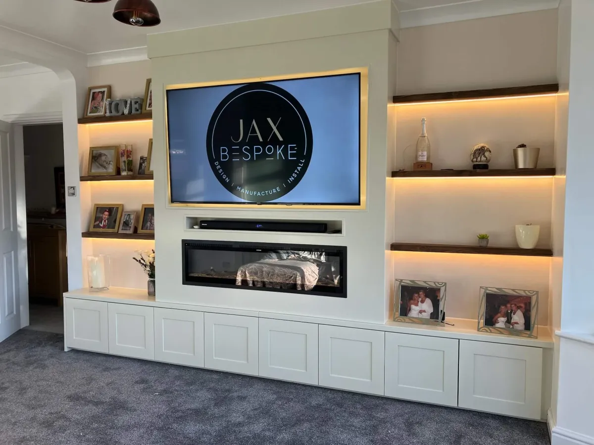 Luxury media wall Leeds with LED floating shelves, electric fireplace and shaker style storage