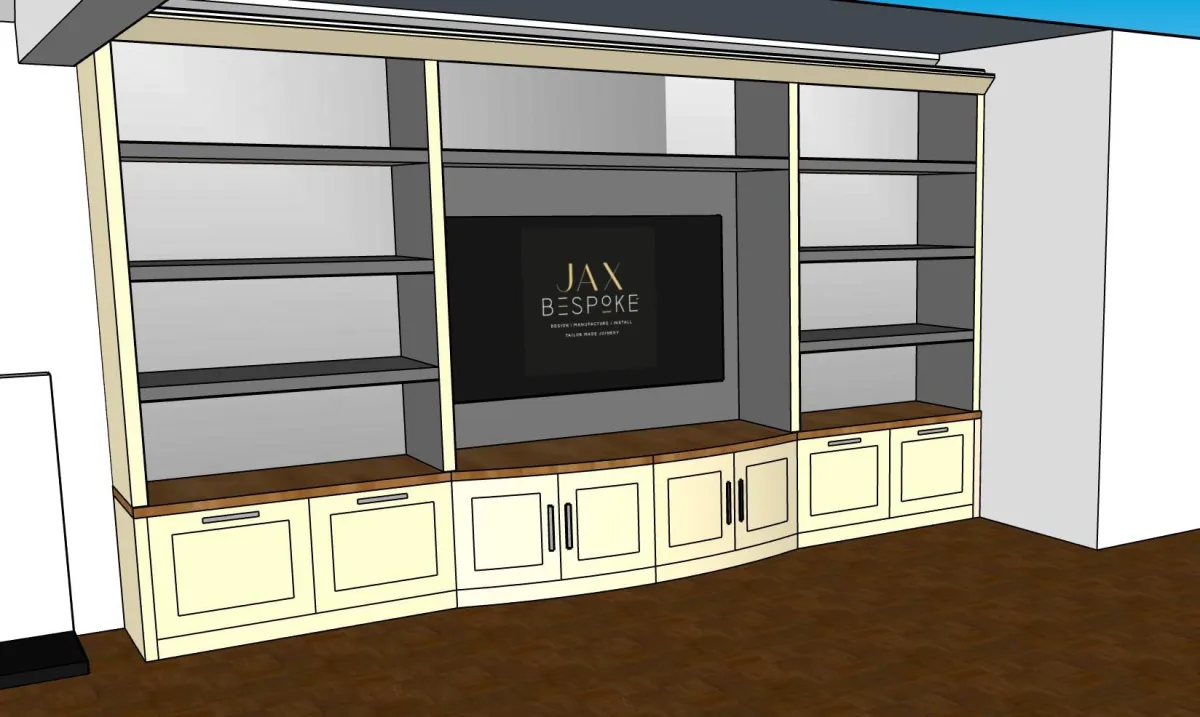 3D design visual: Luxury media wall Yorkshire with storage and floating shelves by JAX Bespoke
