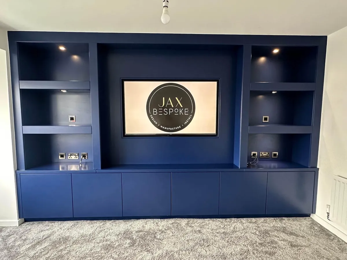 Bespoke made to measure luxury blue in a sprayed finish with modern cabinetry and spotlighting in Wakefield, Yorkshire