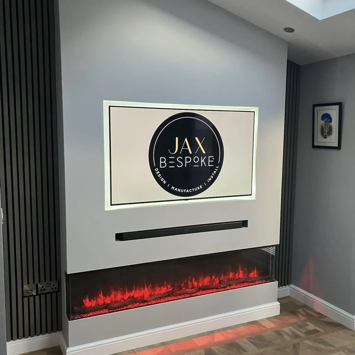 Yorkshire luxury bespoke plastered chimney breast media wall with fireplace by JAX Bespoke
