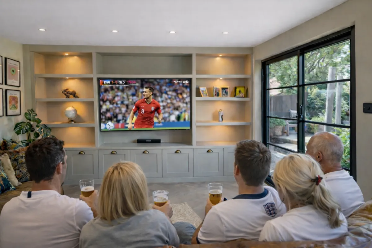 People watching a football match on a large media wall TV in a bright garden room with bifold doors open to the patio, showing a summer World Cup viewing setup at home