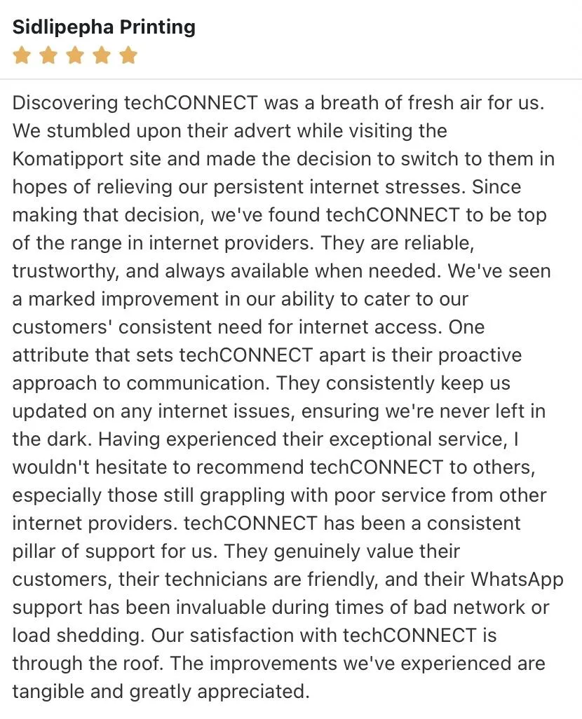 Customer testimonial praising fast and reliable internet service by techCONNECT in Marloth Park