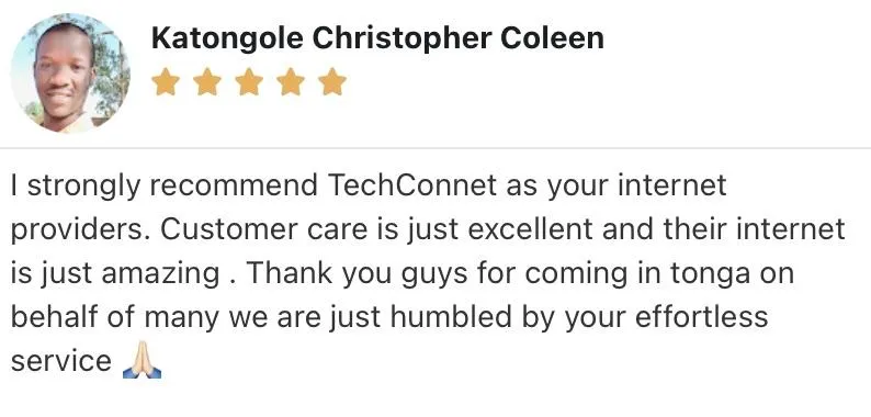 Customer testimonial praising fast and reliable internet service by techCONNECT in Marloth Park
