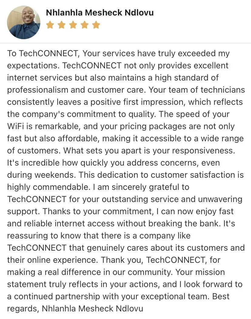 Customer testimonial praising fast and reliable internet service by techCONNECT in Marloth Park