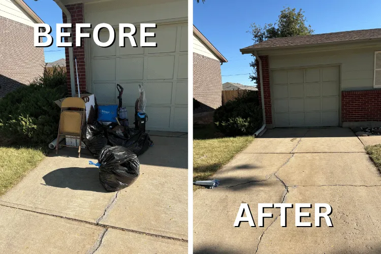 Before and after photo of junk removal from behind fence in Aurora, O
