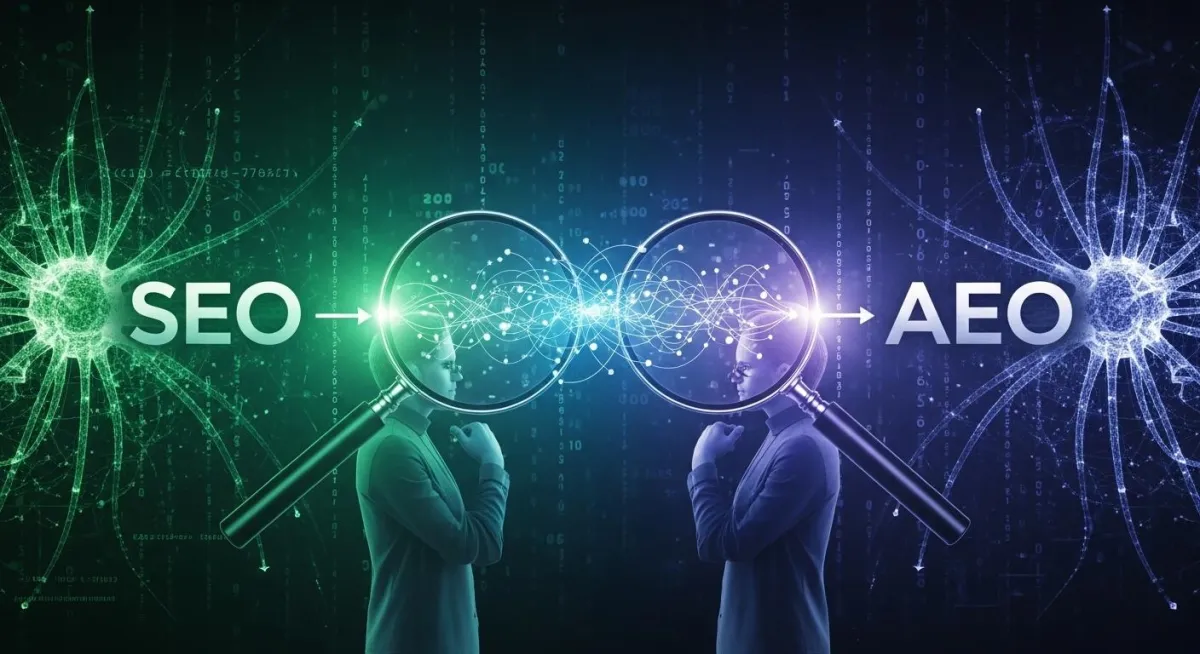 Diverse professionals collaborate in a bright office, sharing ideas on AI search strategies.