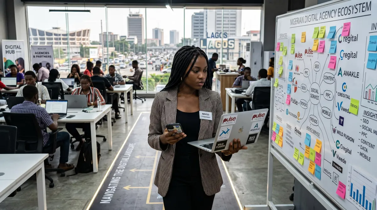 Diverse professionals collaborate in a vibrant Nigerian digital marketing office scene.
