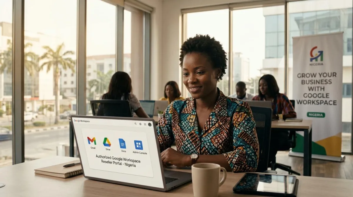 Diverse professionals collaborate in a vibrant Nigerian office, showcasing Google Workspace tools.