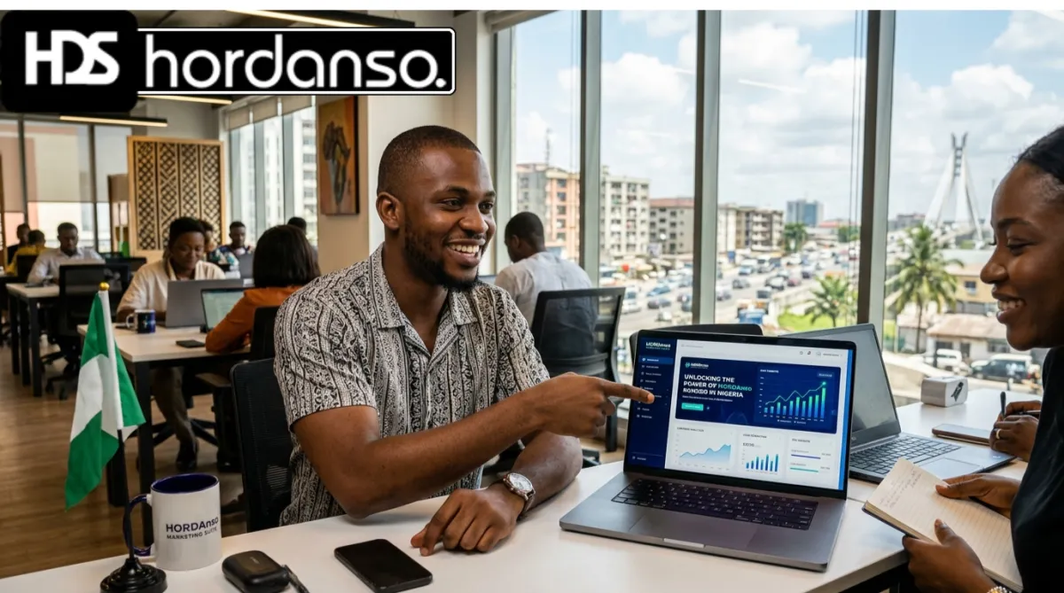 Diverse professionals collaborate in a high-tech office discussing digital marketing strategies.