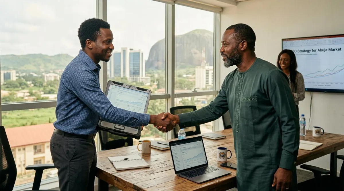 Diverse team brainstorming in a vibrant office, focused on SEO growth and analytics in Abuja.