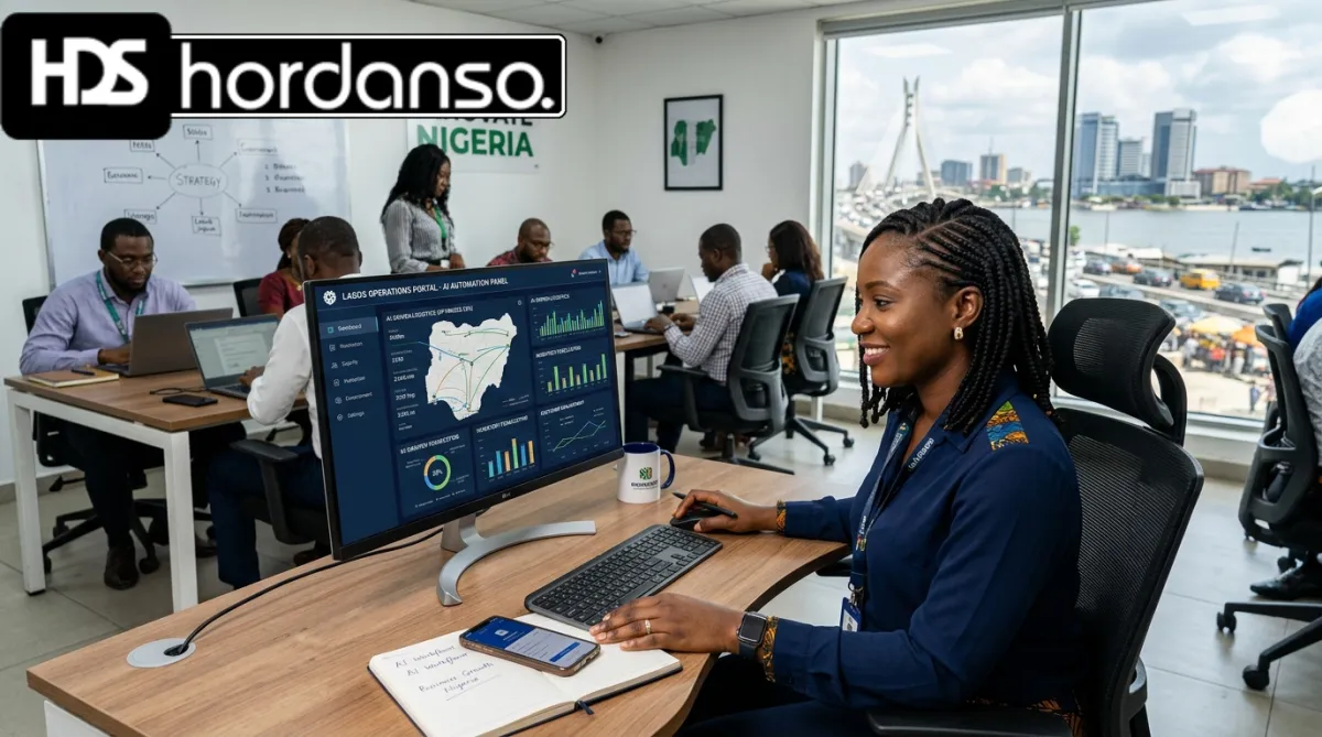 Diverse professionals in Nigeria discussing AI automation in a vibrant, modern office setting.