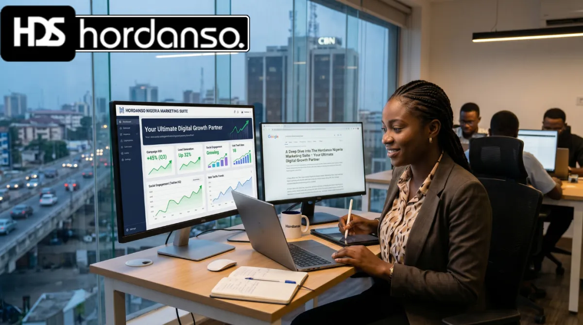 Diverse professionals collaborate in a vibrant digital marketing workspace with city views.