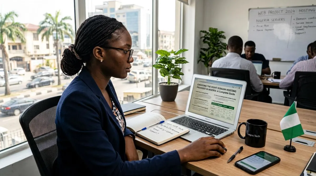 Diverse professionals discuss website hosting in a modern office with cityscape views.