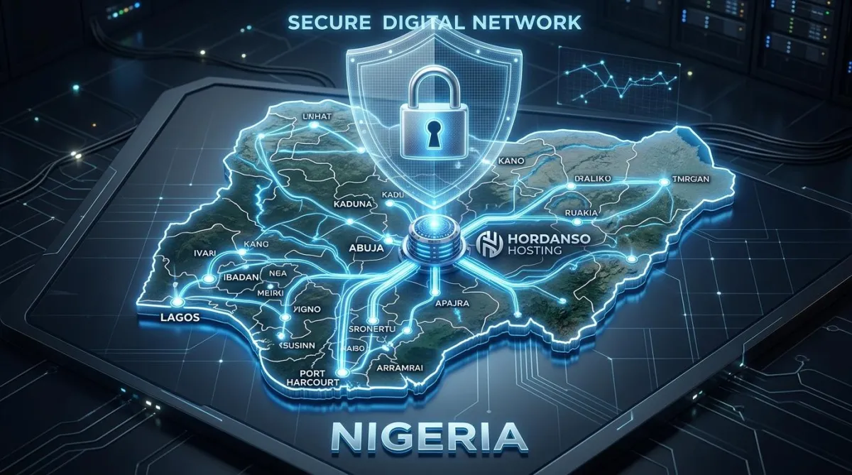 Diverse professionals discussing website hosting in a modern office with Nigerian flag backdrop.