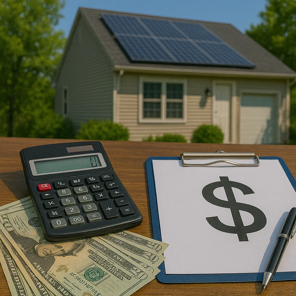 Calculator, cash, and a clipboard with a dollar sign placed on a table in front of a home with rooftop solar panels, symbolizing solar energy costs and savings.