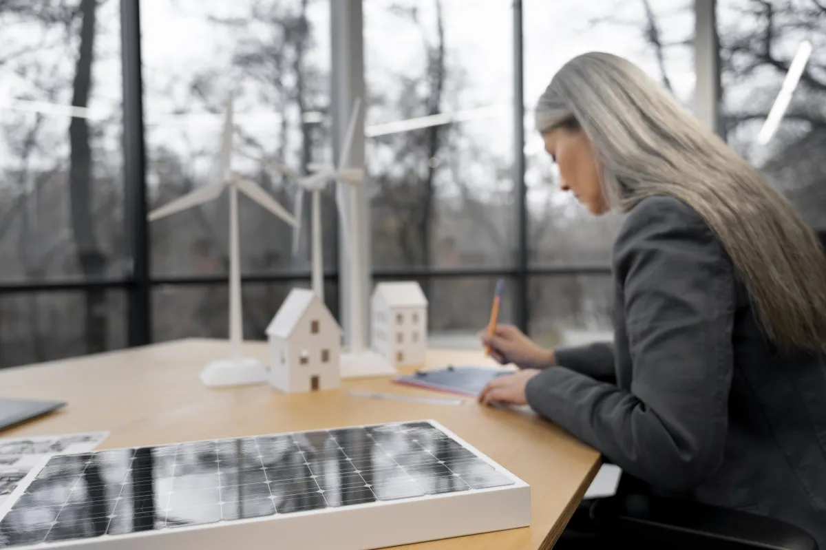 Woman working at a desk with solar panel models, miniature wind turbines, and small house structures, planning or researching renewable energy solutions in a modern office with large windows.