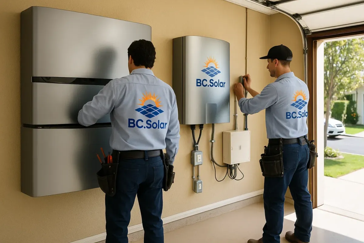 Two BC Solar technicians installing a sleek wall-mounted solar battery and inverter system inside a residential garage, demonstrating professional off-grid energy setup.