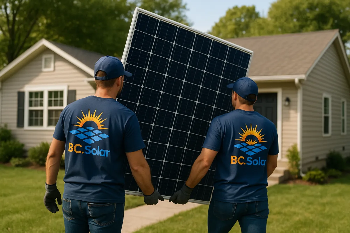 two men carrying a residential solar panel for installation on an ohio home