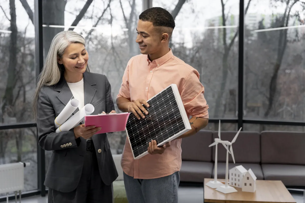 Two professionals discussing solar energy plans in a modern office, with one holding a clipboard and blueprints, and the other holding a small solar panel; wind turbine and house models visible on the table.