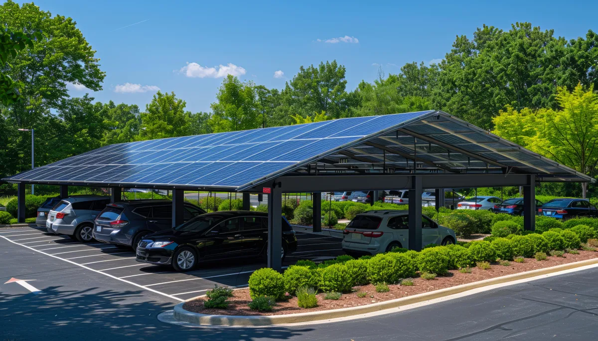 Solar carport structure installed over a parking lot, providing shaded parking for vehicles while generating clean energy from rooftop solar panels in a landscaped commercial area.
