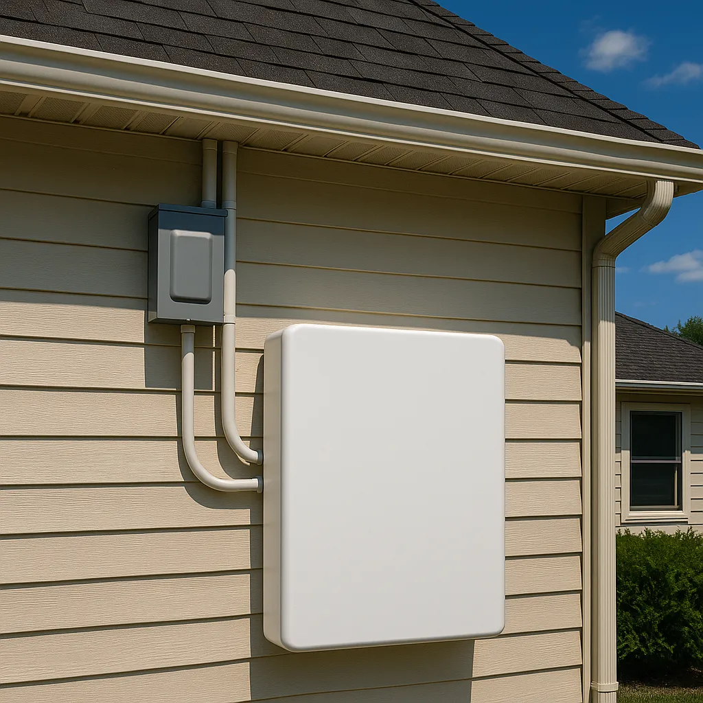 Exterior wall-mounted solar electrical enclosure with conduit connections on the side of a residential home, positioned beneath the roof eave.
