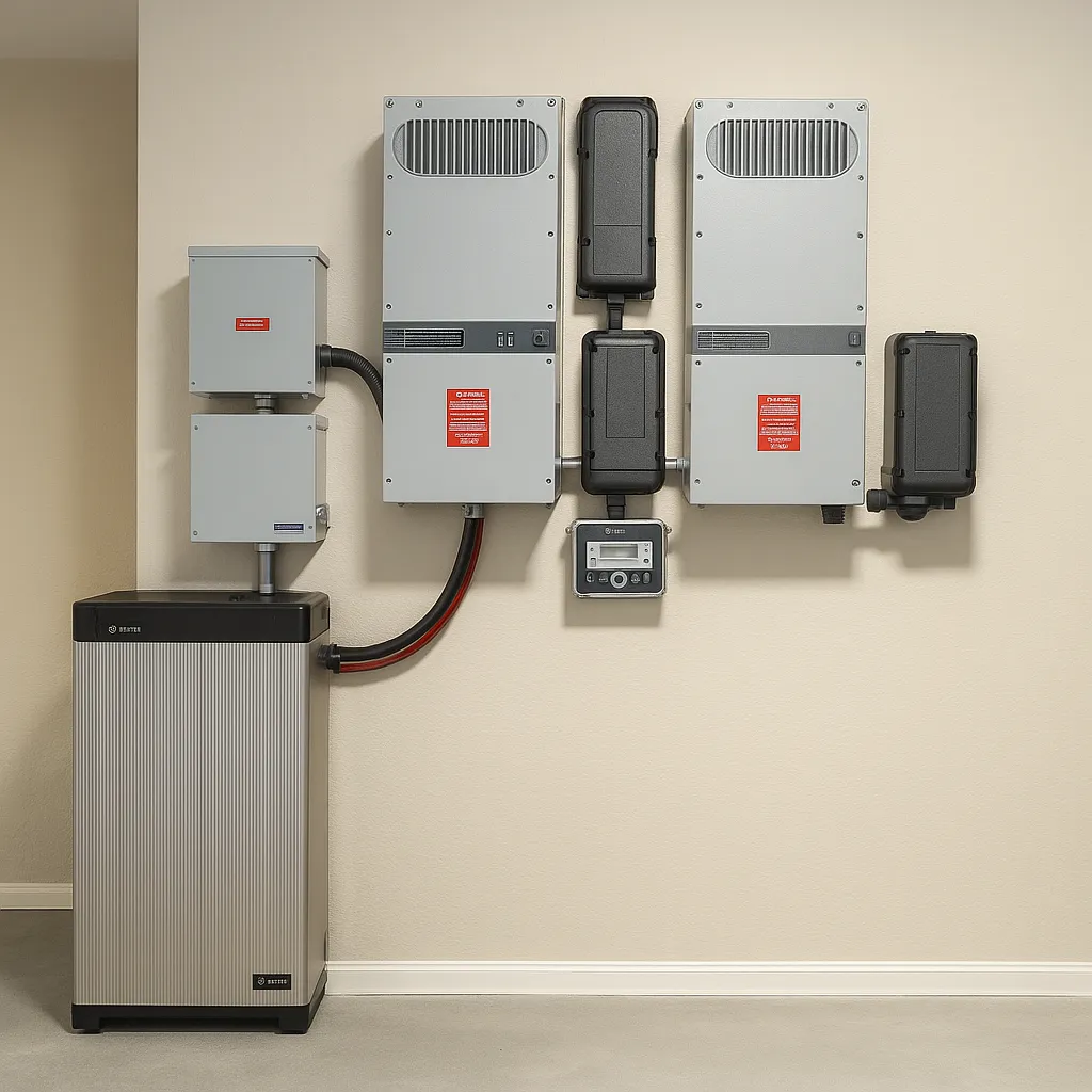 Wall-mounted off-grid solar power system setup featuring dual inverters, battery storage unit, and control panel, professionally installed on an interior wall for residential use.