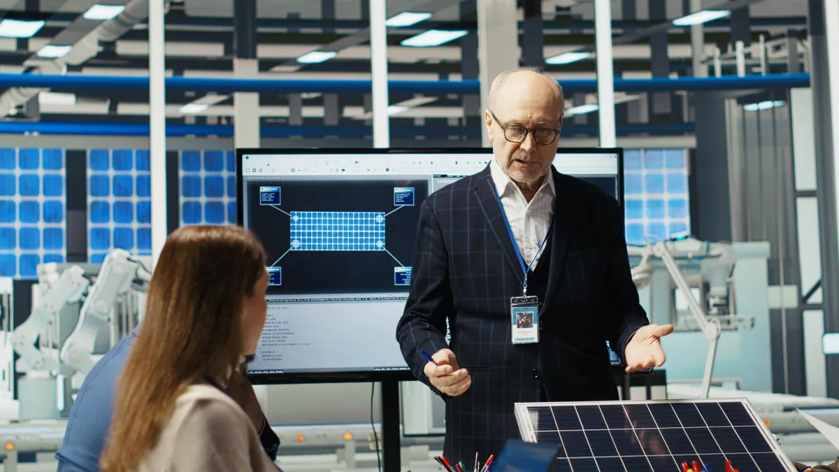 Engineer presenting a solar panel design in a high-tech lab, with a large digital screen and solar model, while discussing renewable energy solutions with team members.