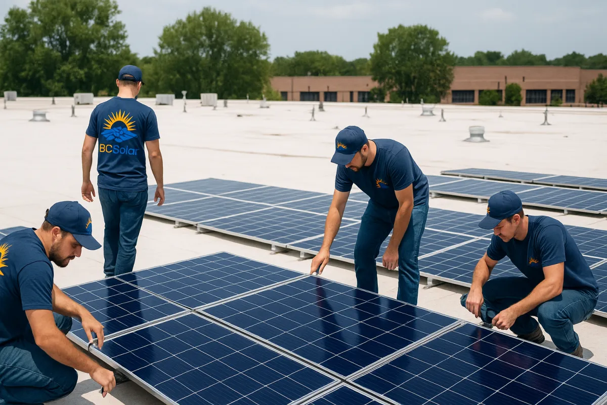 BC Solar installation team positioning solar panels on a large commercial flat rooftop in Central Ohio, wearing branded uniforms under a clear summer sky.
