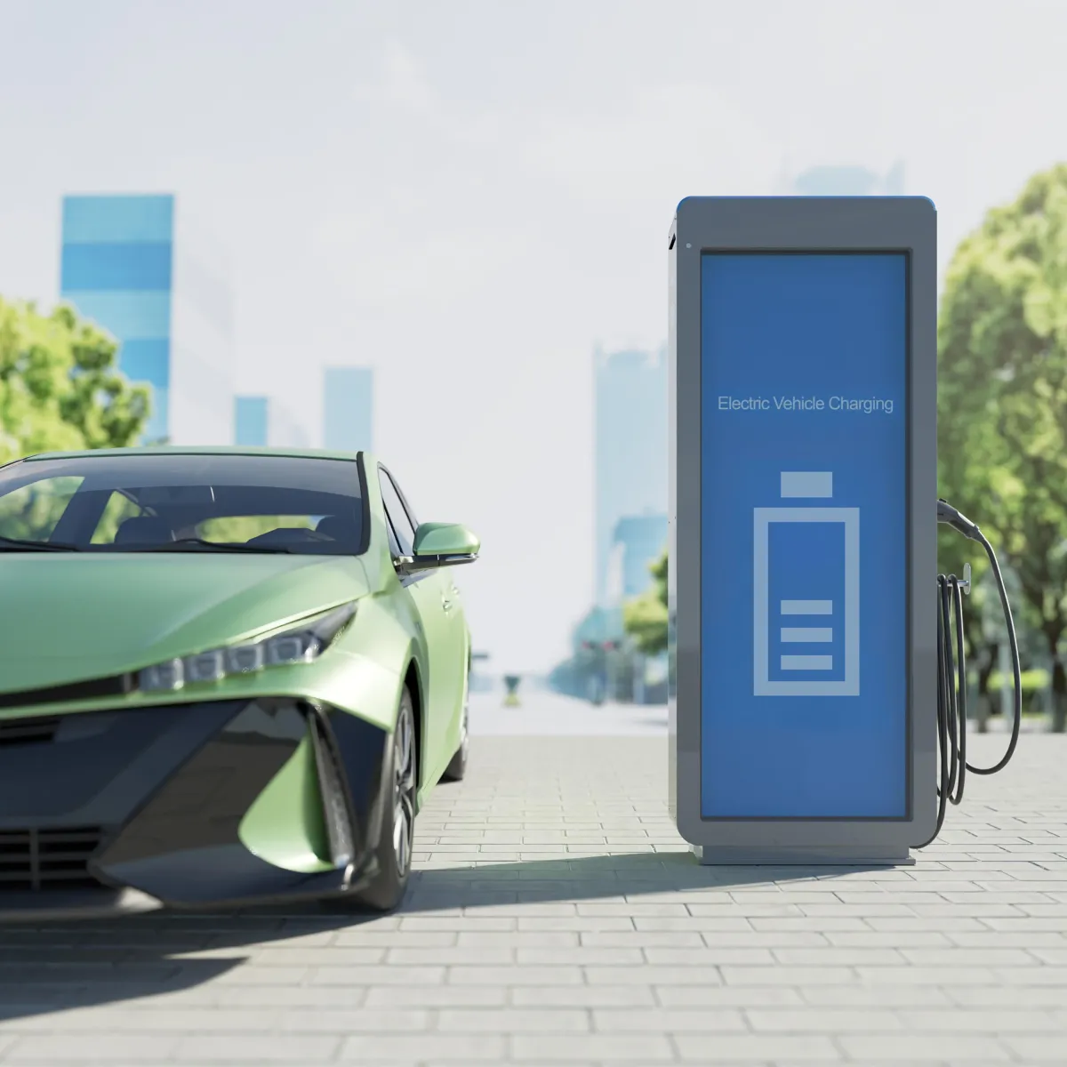 Modern electric vehicle charging at a public EV charging station in an urban setting, with a green car parked next to a digital display showing a battery icon.