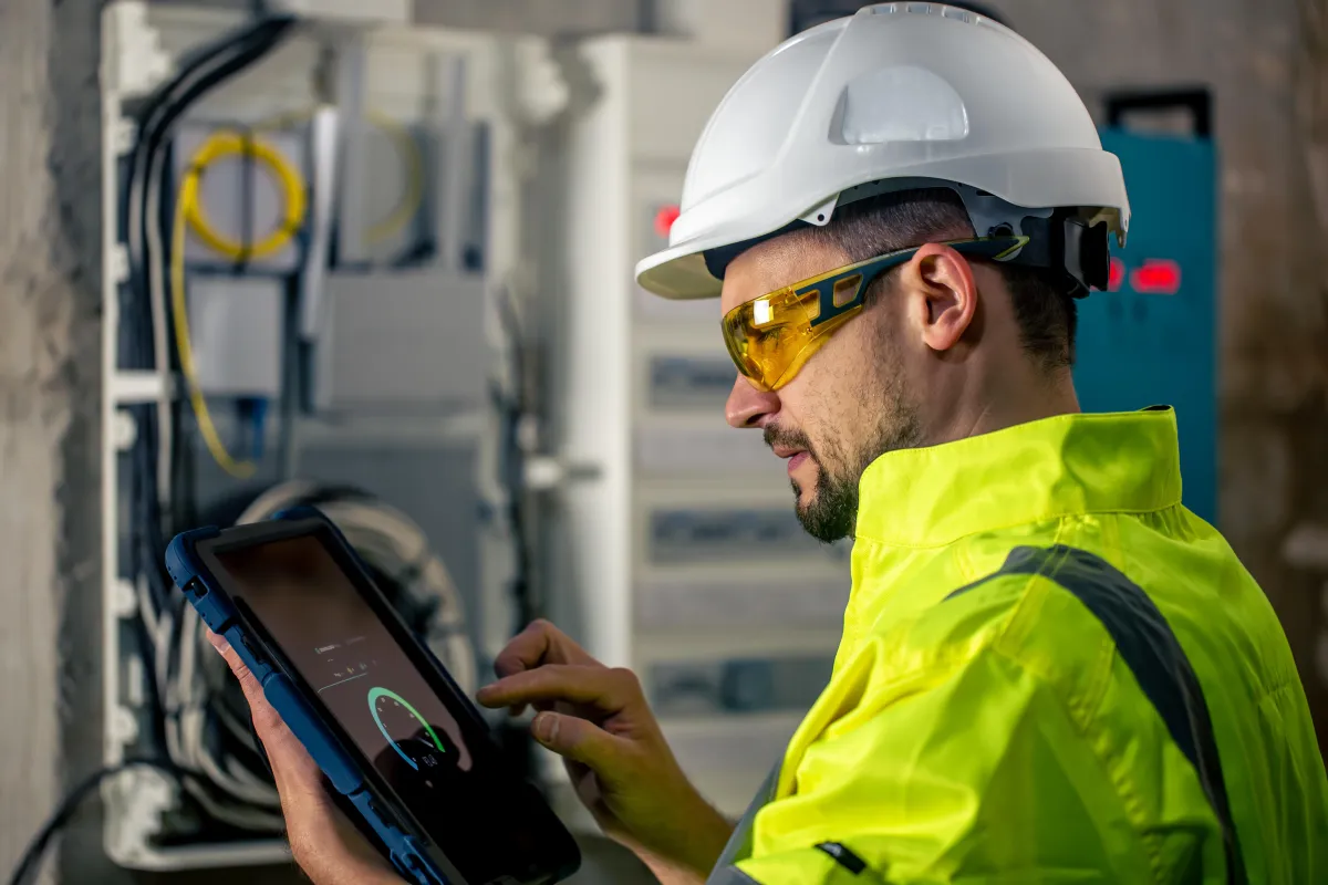 Solar technician in safety gear using a digital tablet to monitor system performance next to an open electrical control panel during a solar maintenance inspection.