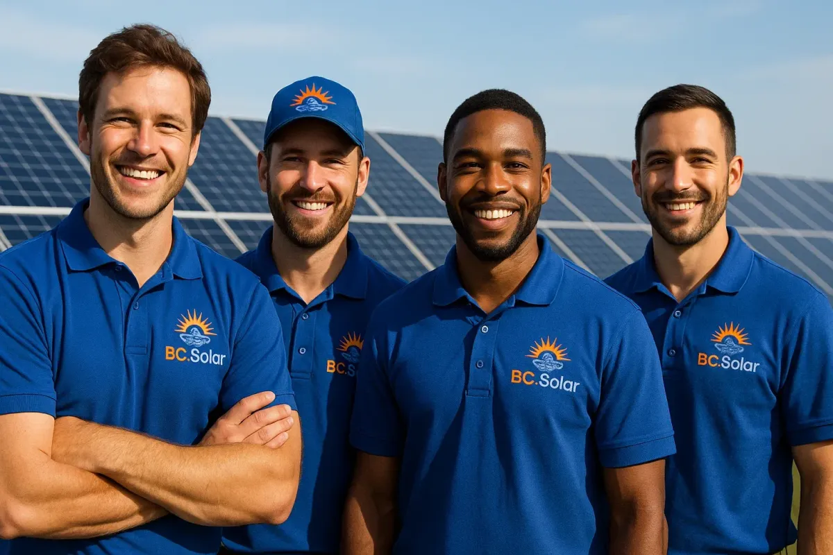 Four smiling BC Solar team members wearing blue branded shirts standing in front of a large solar panel array, representing a professional and friendly solar installation crew.