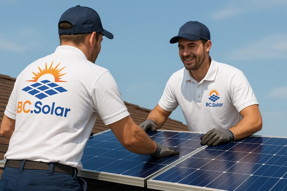 Two BC Solar technicians smiling and working together while installing solar panels under a clear blue sky, showcasing teamwork and clean energy installation.