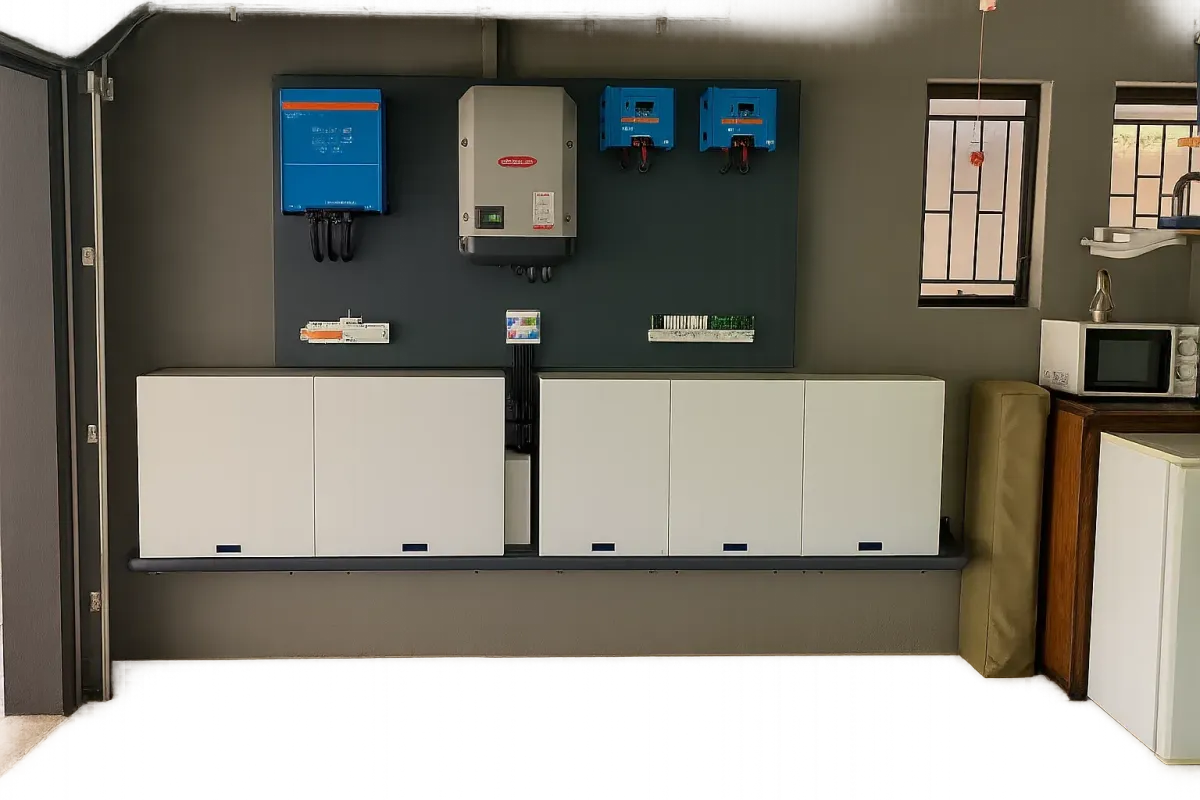 Residential off-grid solar system installation with wall-mounted inverters, charge controllers, and multiple battery storage cabinets, neatly organized in a finished garage or utility room.