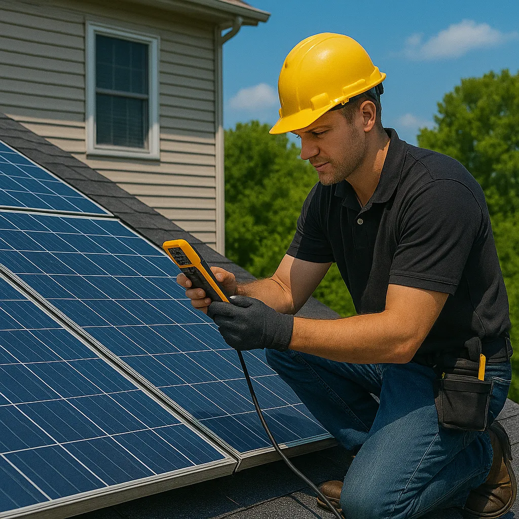 Technician wearing a yellow hard hat and black gloves tests rooftop solar panels using a digital multimeter on a residential home under sunny skies.