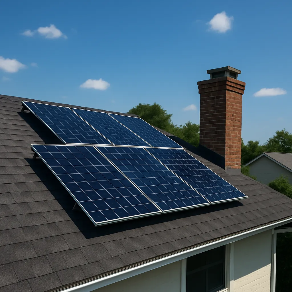 Residential rooftop solar panel array installed on a shingled roof near a brick chimney, under a clear blue sky in a suburban neighborhood.