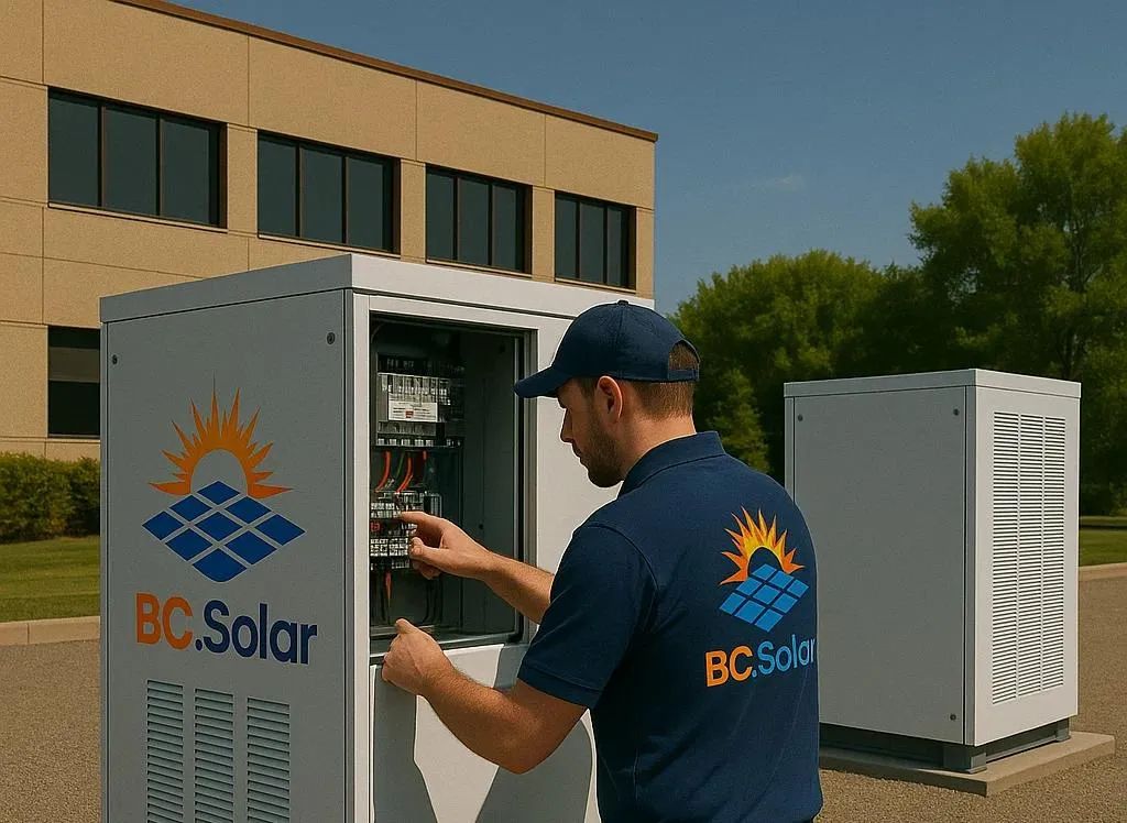 BC Solar technician servicing a commercial battery energy storage system outside a business facility, ensuring safe and efficient solar power management.