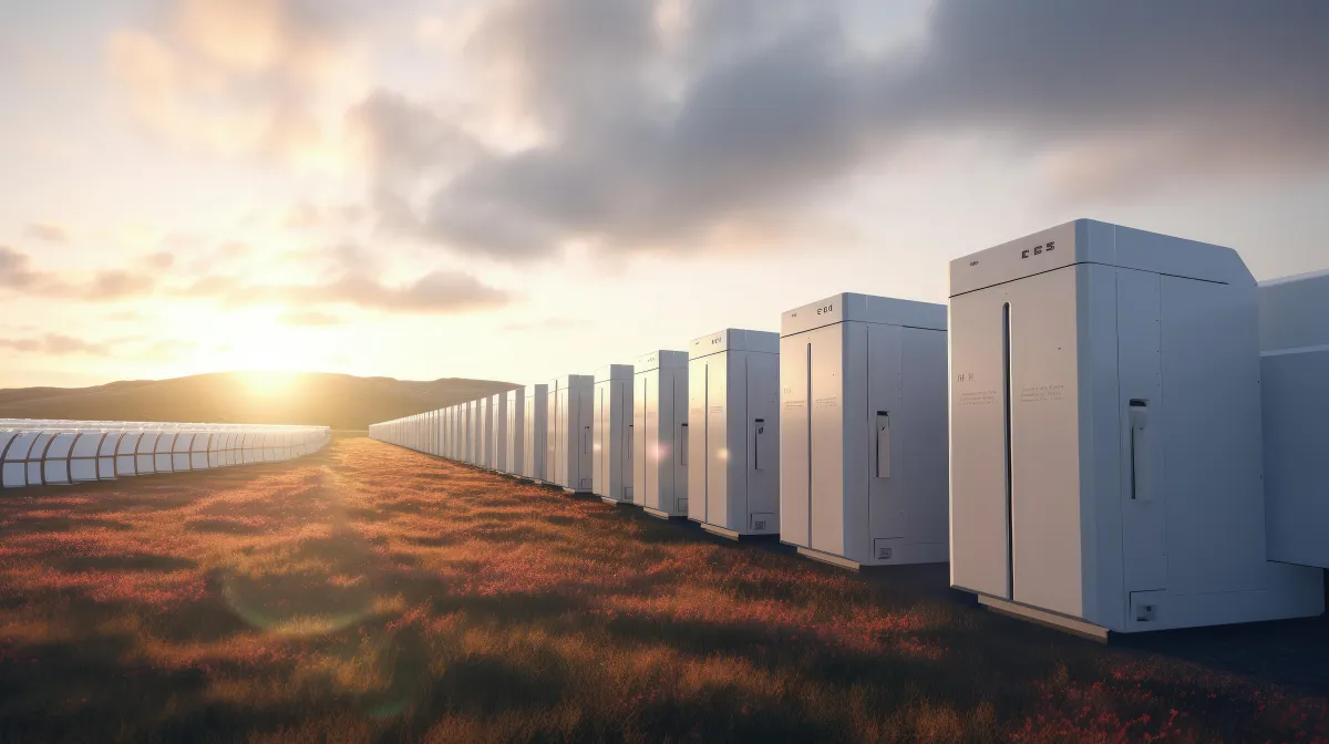 Row of large-scale battery energy storage units installed in a solar power facility at sunset, supporting grid reliability and renewable energy storage.